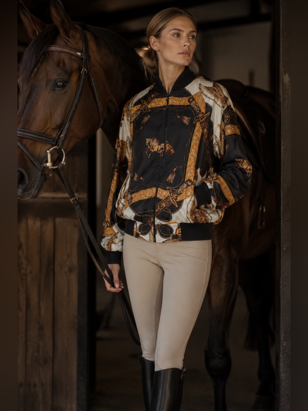 VTG Moda International Black & Gold Horse & Tassel Printed Bomber Jacket